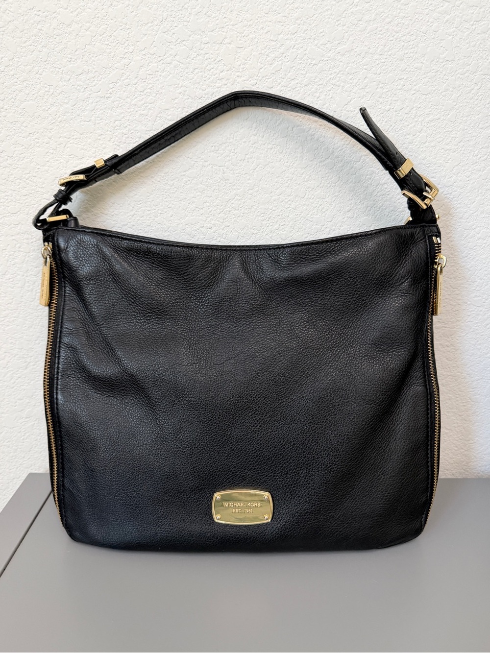 Michael Kors Black Leather Hobo Shoulder Bag with Gold Hardware